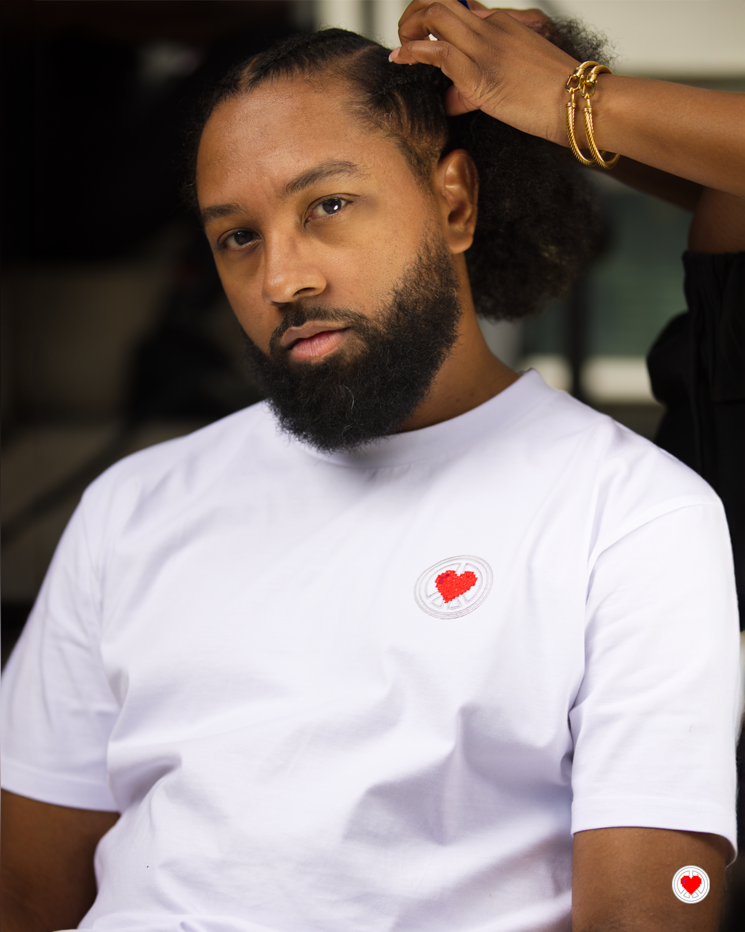“Unisex White Stitched Heart Logo Tee”